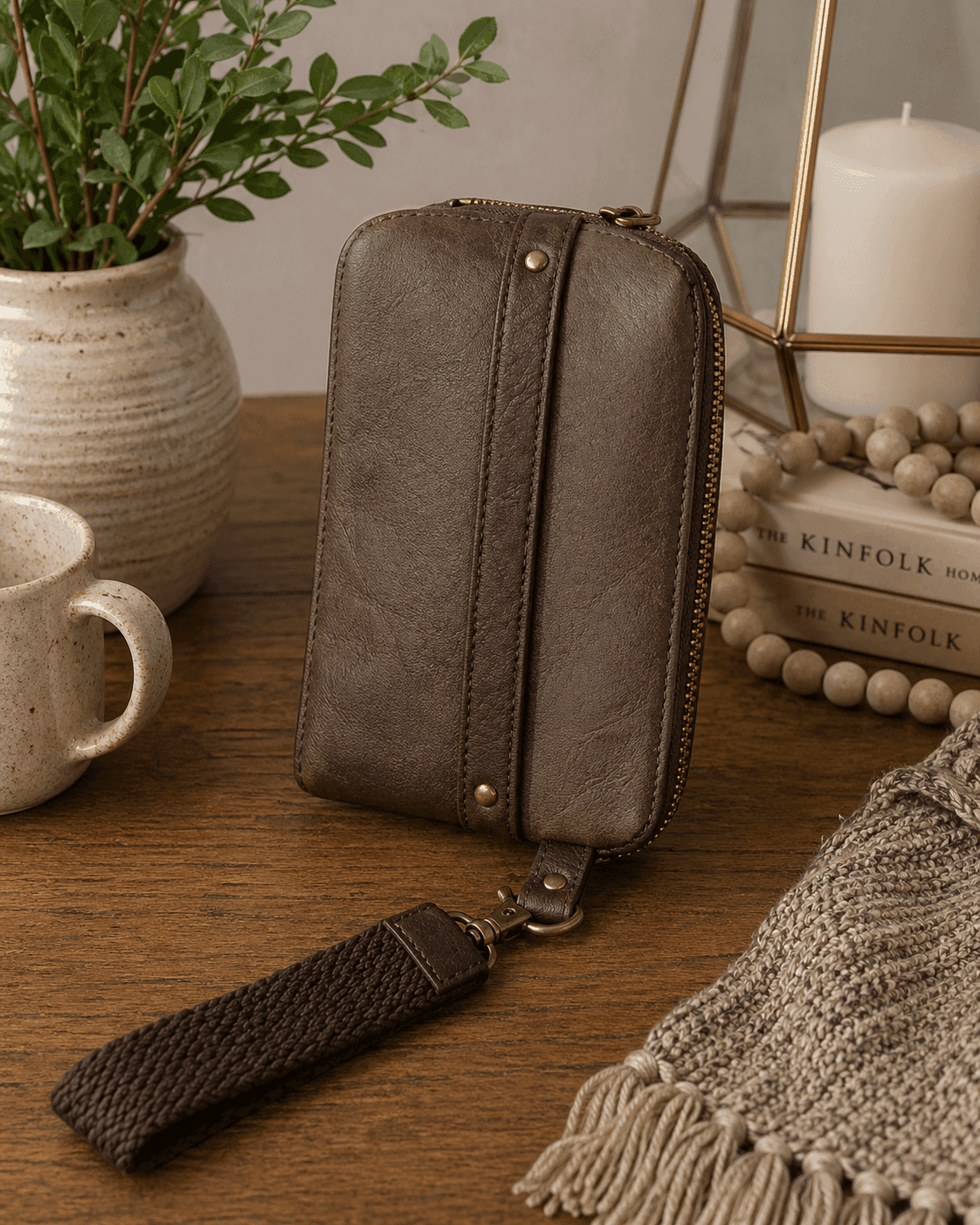 custom zip around wallet in warm walnut brown with wristlet