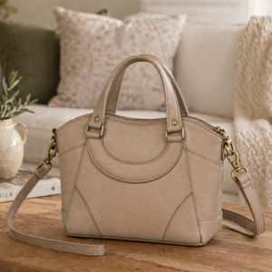custom leather handbag neutral tan crossbody purse lifestyle view