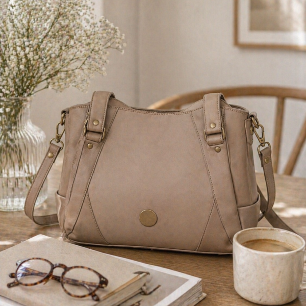custom crossbody handbag neutral leather purse lifestyle setting