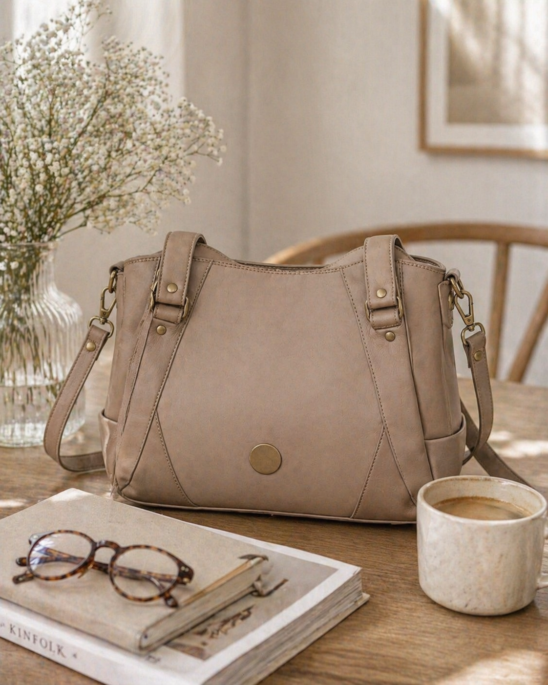 custom crossbody handbag neutral leather purse lifestyle setting