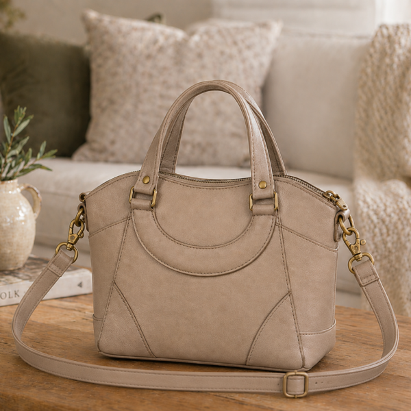custom leather handbag neutral tan crossbody purse lifestyle view