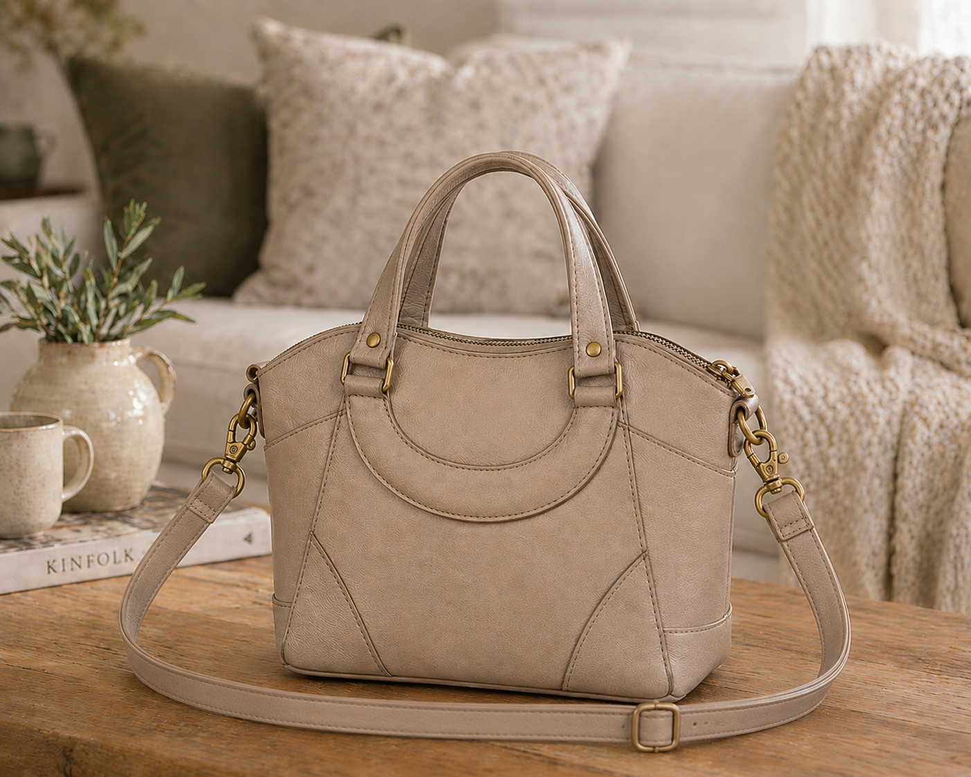 custom leather handbag neutral tan crossbody purse lifestyle view
