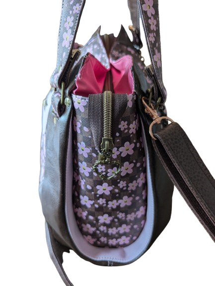 floral crossbody handbag side view brown faux leather purse