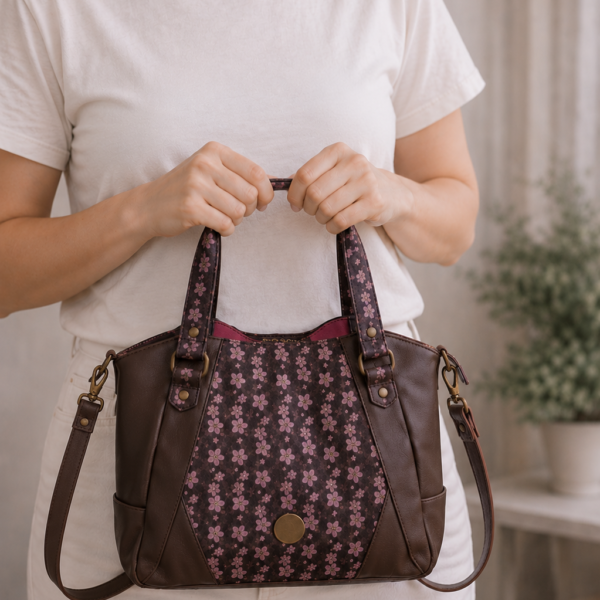 Floral Crossbody Handbag | Brown Faux Leather Purse