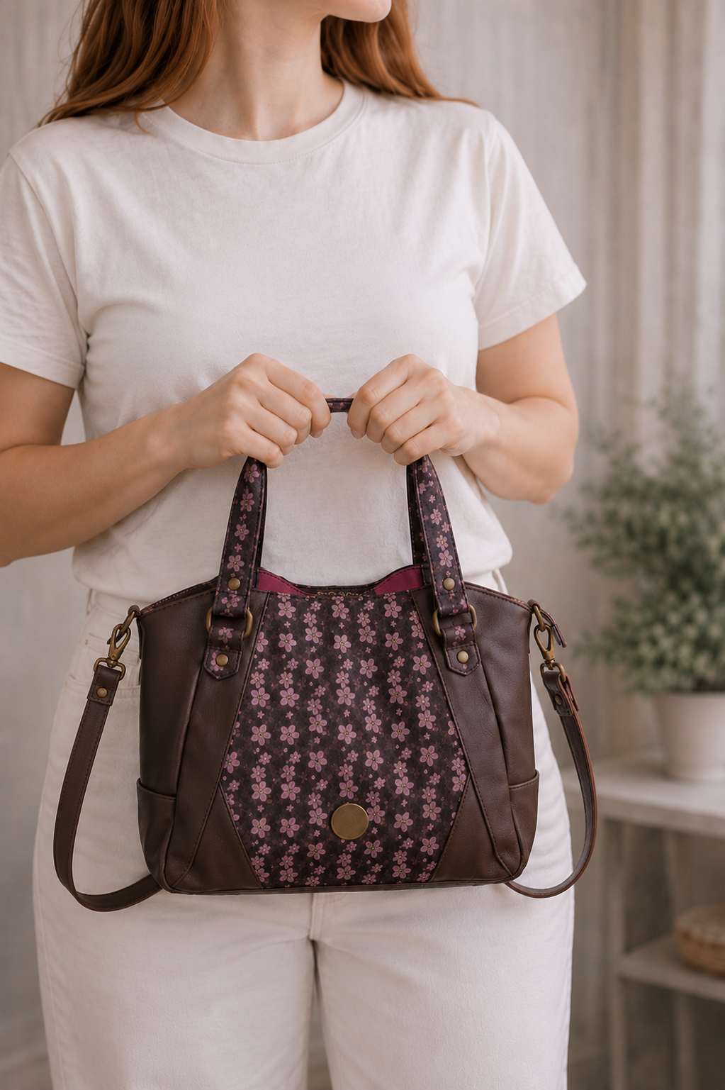Floral Crossbody Handbag | Brown Faux Leather Purse