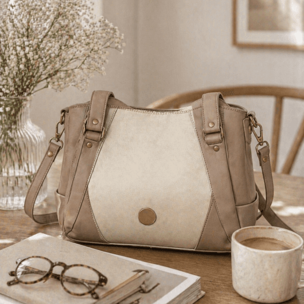 custom crossbody handbag neutral leather purse lifestyle setting