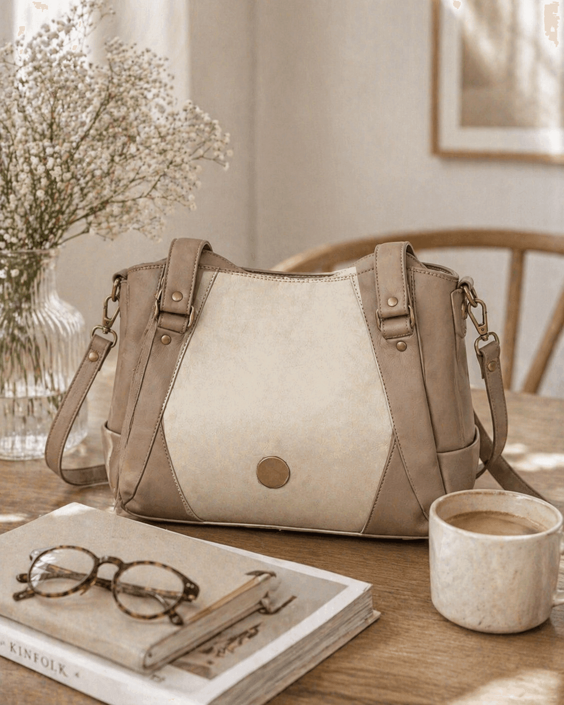 custom crossbody handbag neutral leather purse lifestyle setting