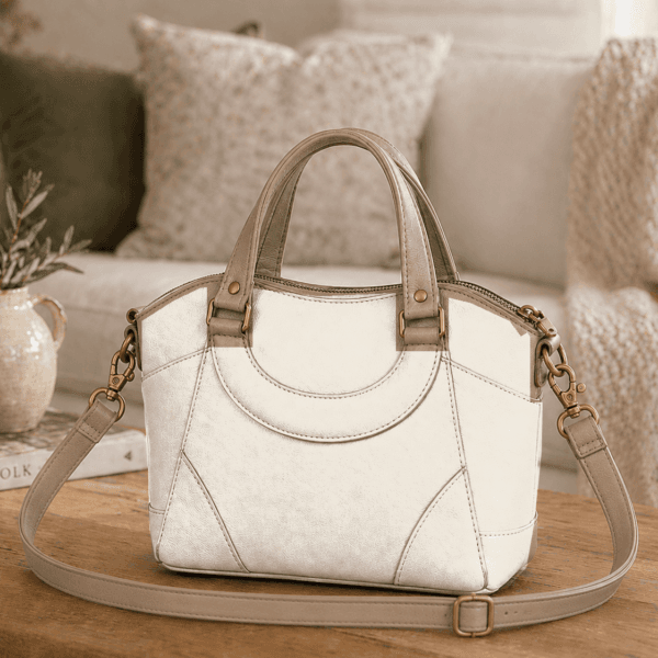 custom leather handbag neutral ivory crossbody purse lifestyle view