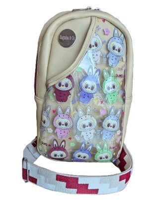 beige custom sling bag with holographic character print front view