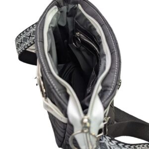 black faux leather crossbody handbag interior view multiple compartments