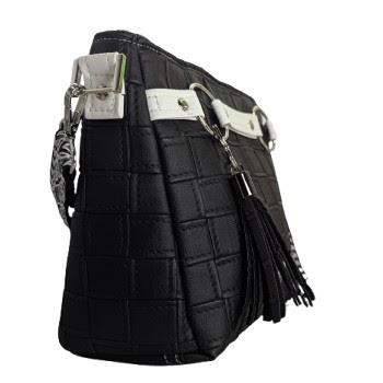 black faux leather crossbody handbag angled front view quilted design