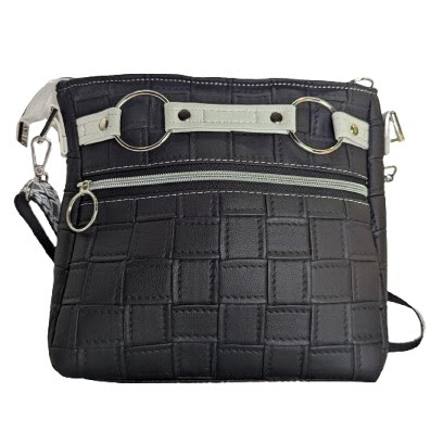 black faux leather crossbody handbag back view adjustable strap