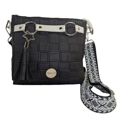 black faux leather crossbody handbag front view zipper pocket detail