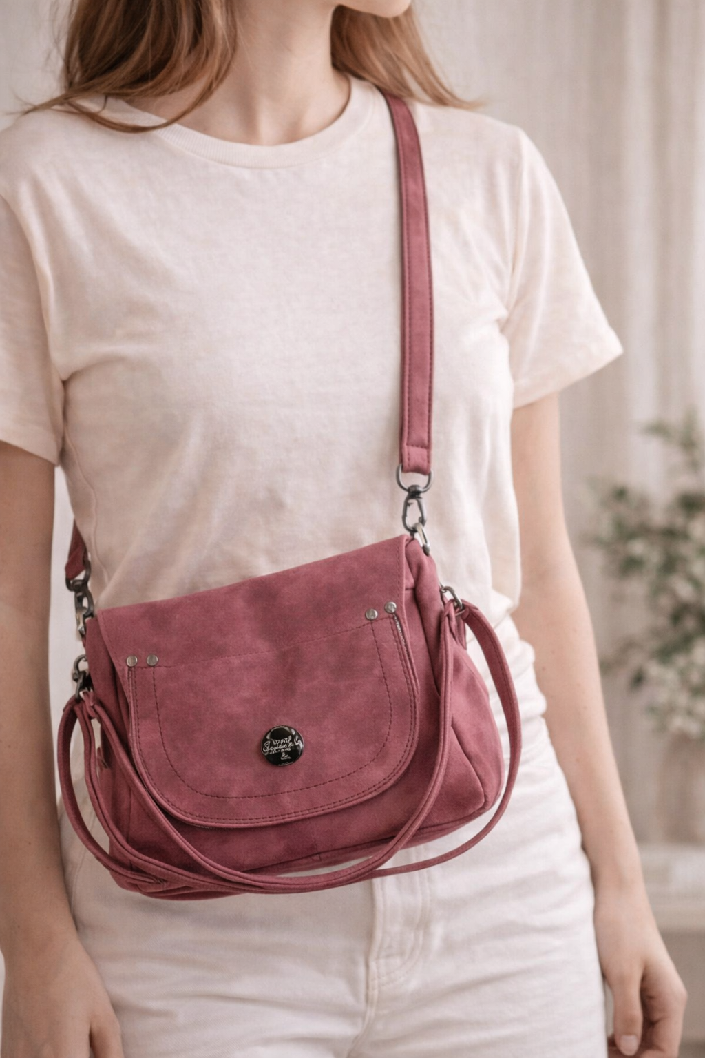 faux suede crossbody handbag worn on model soft everyday purse