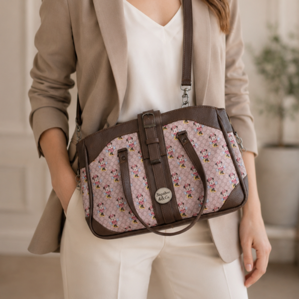 printed crossbody handbag worn on model adjustable strap purse