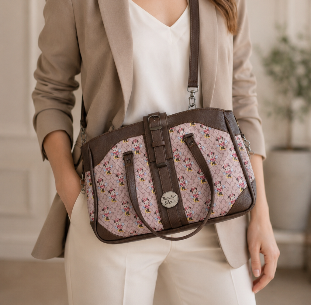 printed crossbody handbag worn on model adjustable strap purse