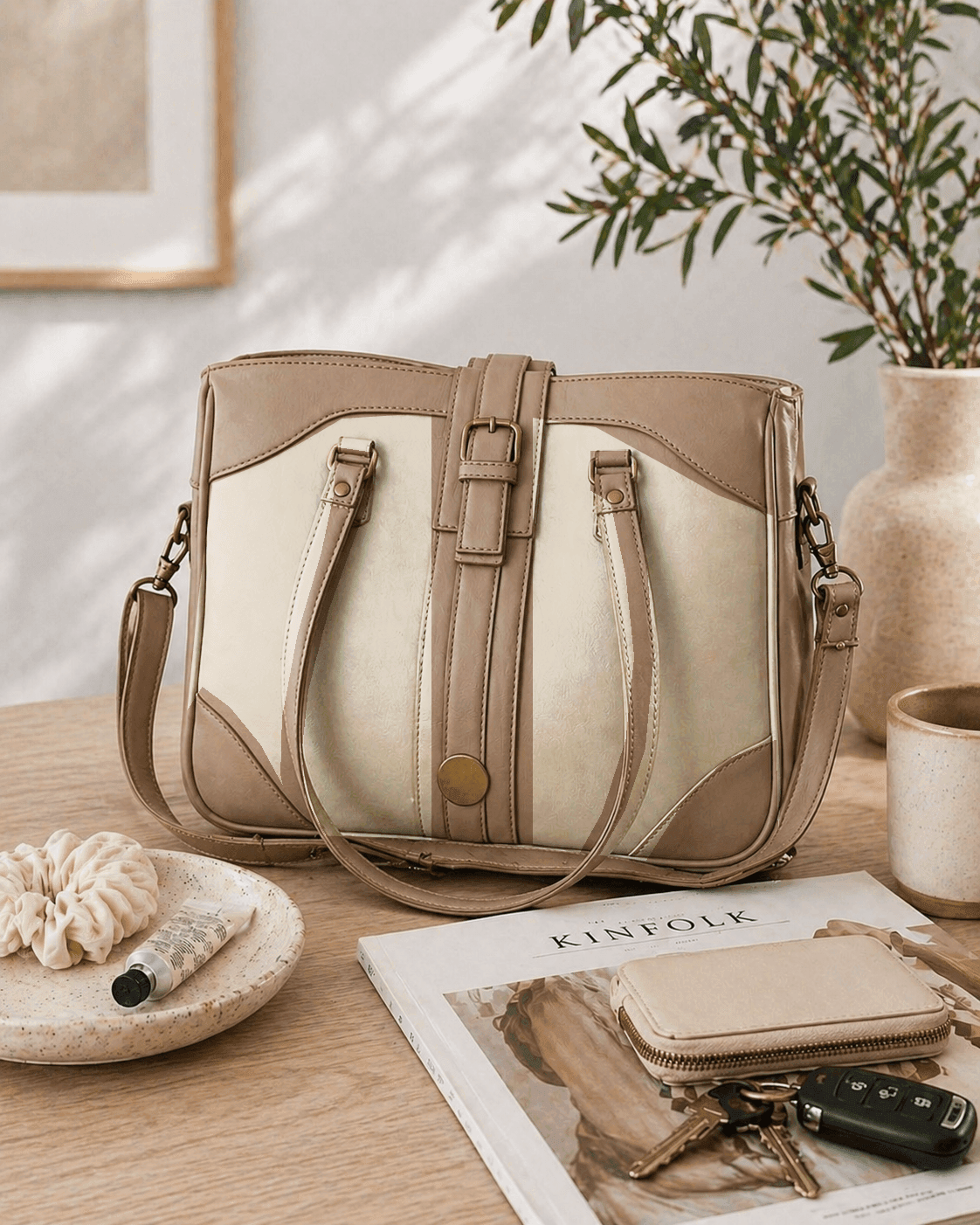 custom crossbody handbag neutral faux leather purse lifestyle image