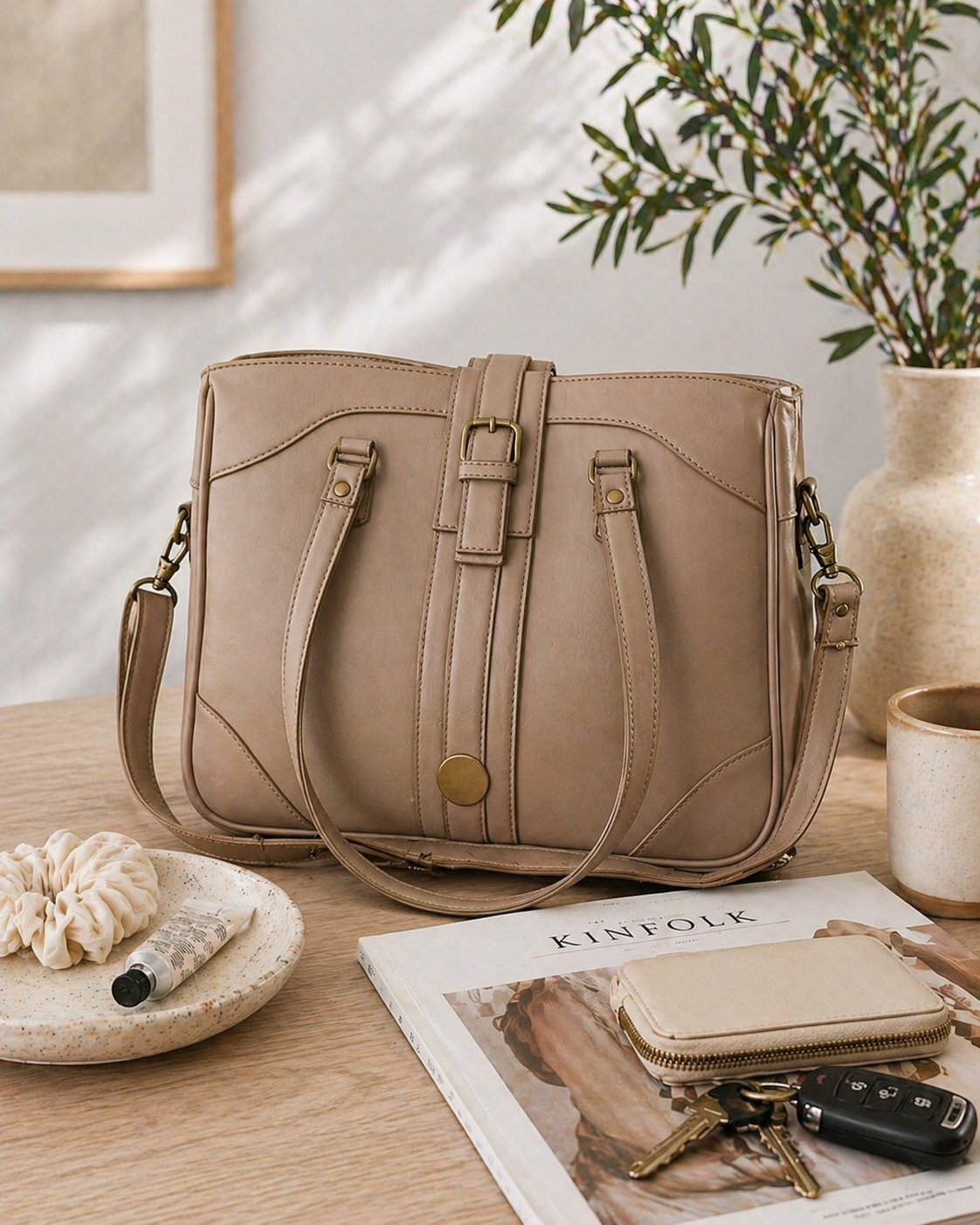 custom crossbody handbag neutral faux leather purse lifestyle image