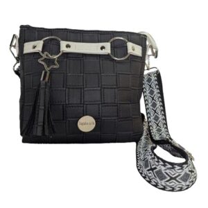 Home Momexa Crossbody Bag – Black Woven Faux Leather | Statement Hardware