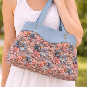 floral sweetheart handbag blue faux leather shoulder bag worn on model
