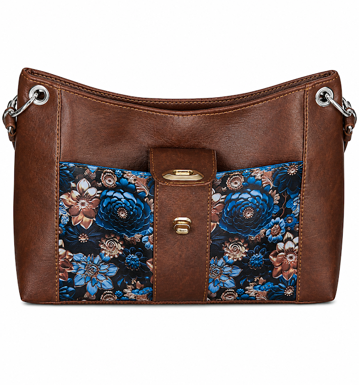 Blue floral crossbody handbag with brown faux leather and open twist lock closure