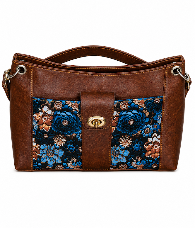Blue floral crossbody handbag with brown faux leather and closed twist lock closure