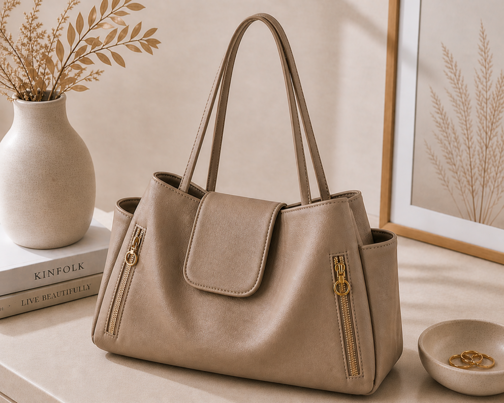 Neutral faux leather hobo handbag with gold zipper accents in a minimalist lifestyle setting.