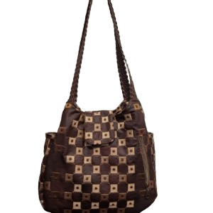 Handmade brown patchwork backpack purse featuring geometric square detailing, flap closure, exterior pockets, and adjustable shoulder straps.