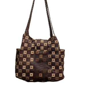 Handmade brown patchwork shoulder bag featuring a geometric square pattern and double shoulder straps by Bagadoo & Co.