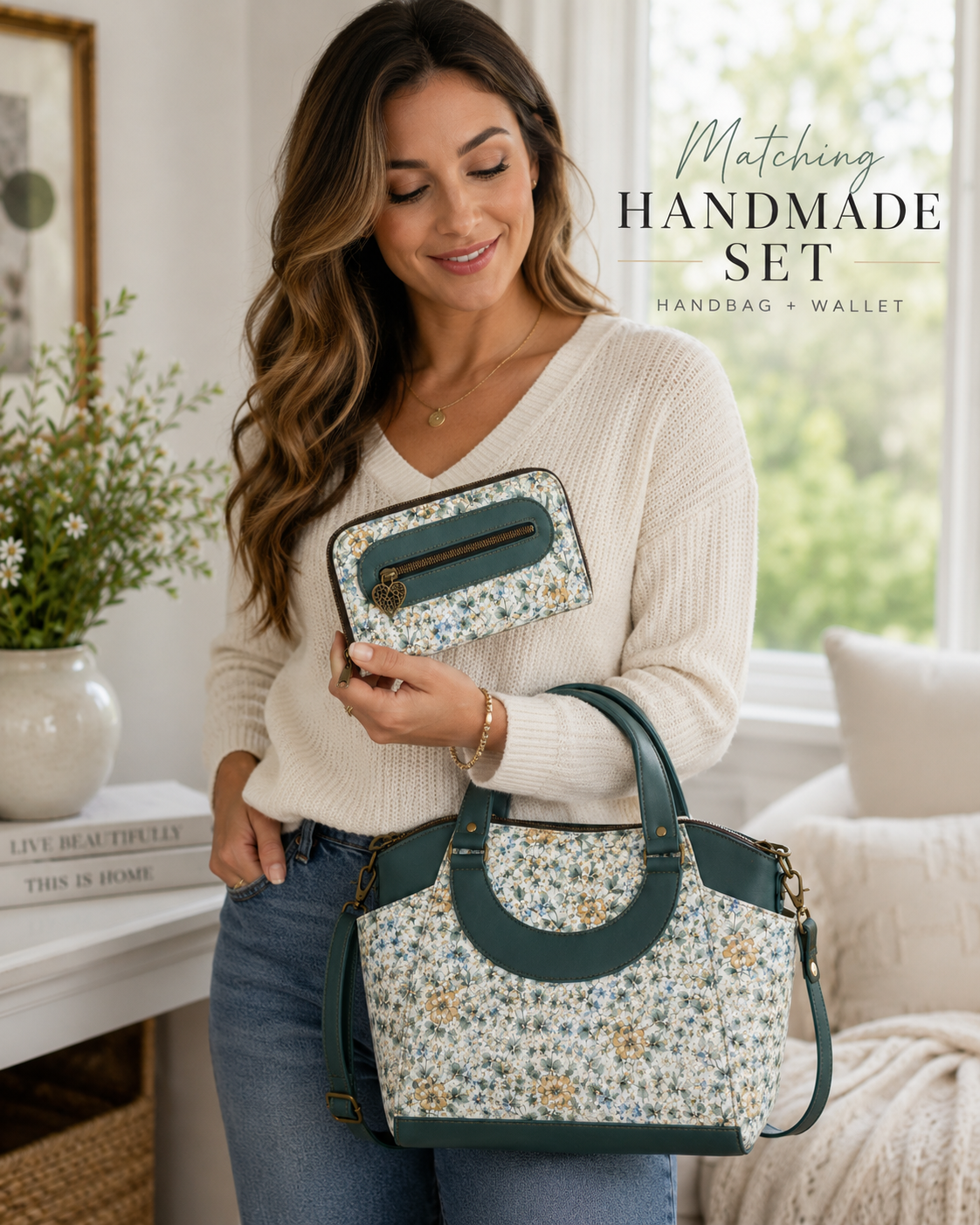 Woman carrying matching handmade green floral handbag and wallet set