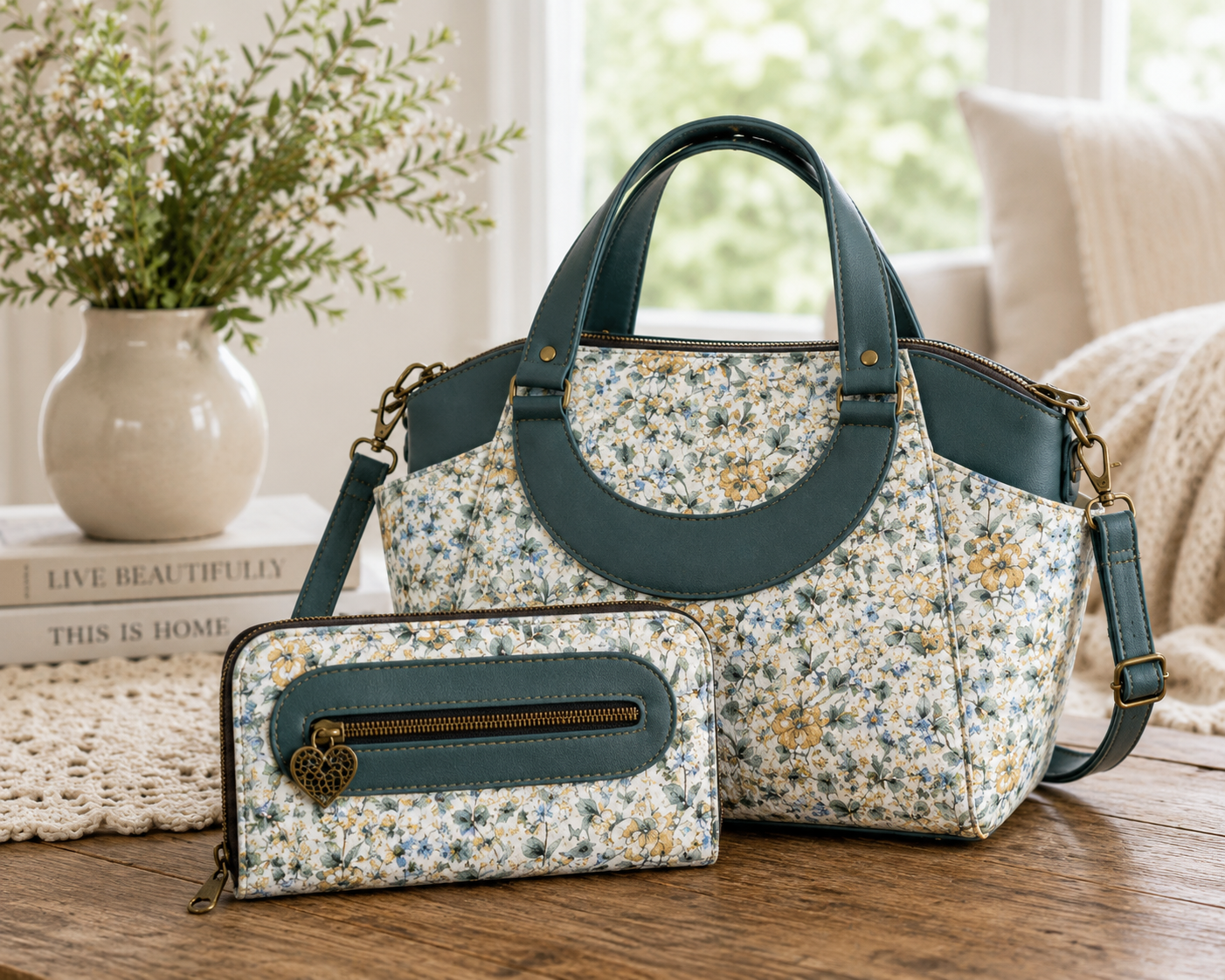 Matching handmade green floral handbag and wallet set