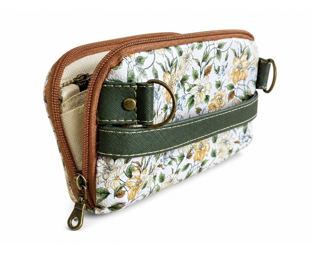 Side view of handmade green floral wallet clutch with faux leather accents
