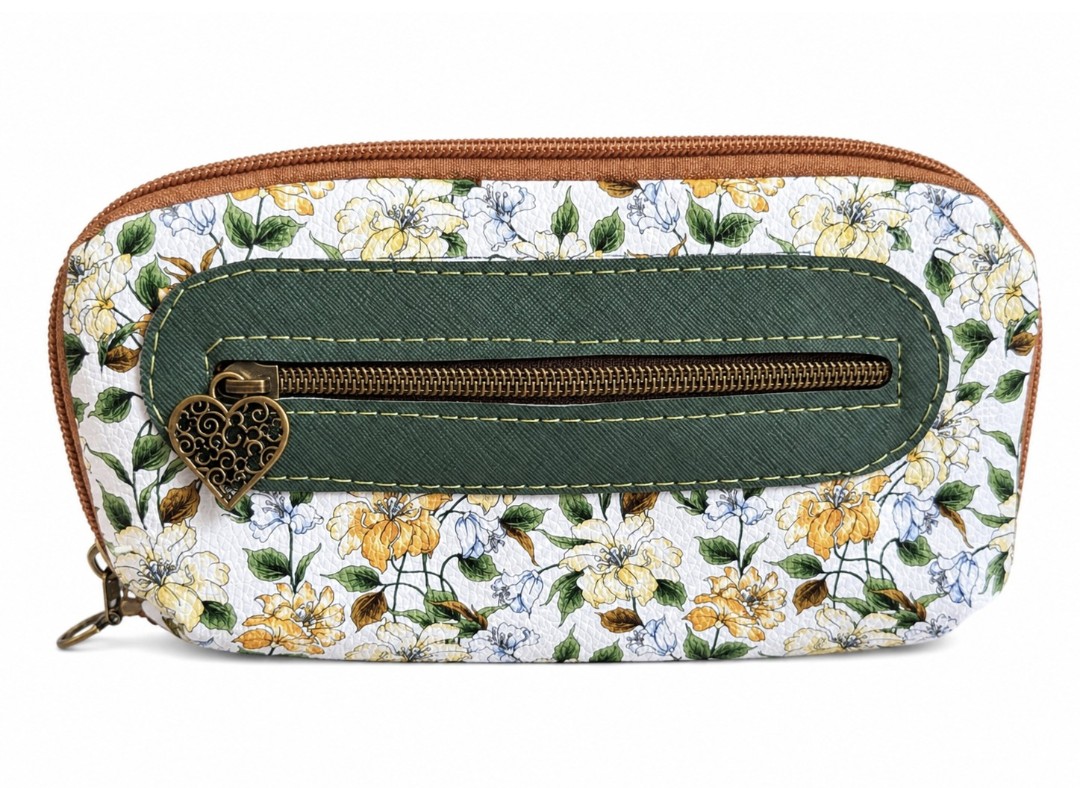 Exterior zipper pocket detail outside handmade green floral wallet clutch