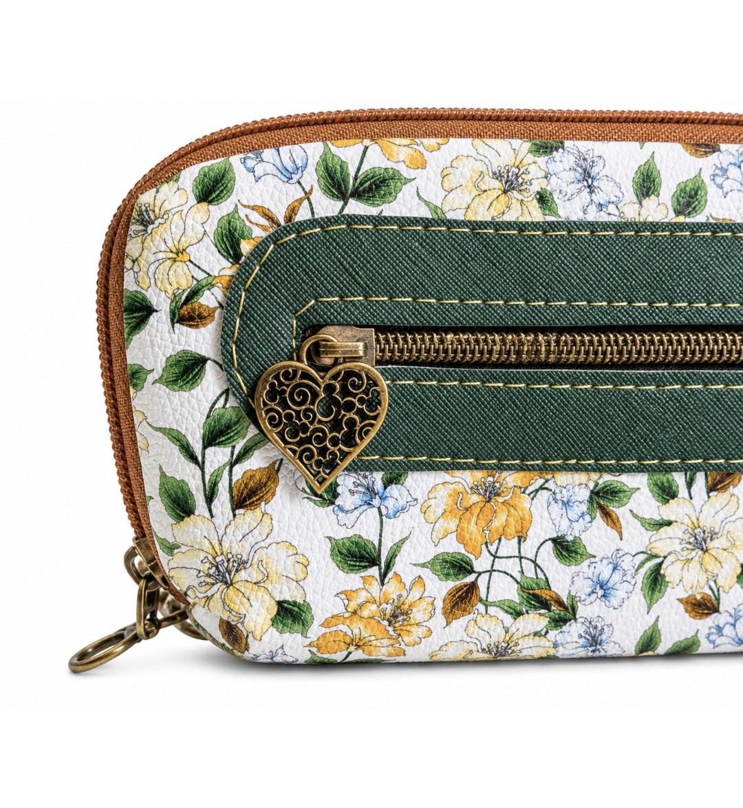 Green floral zip-around wallet clutch with brass heart zipper pull and exterior zipper pocket handmade by Bagadoo & Co.