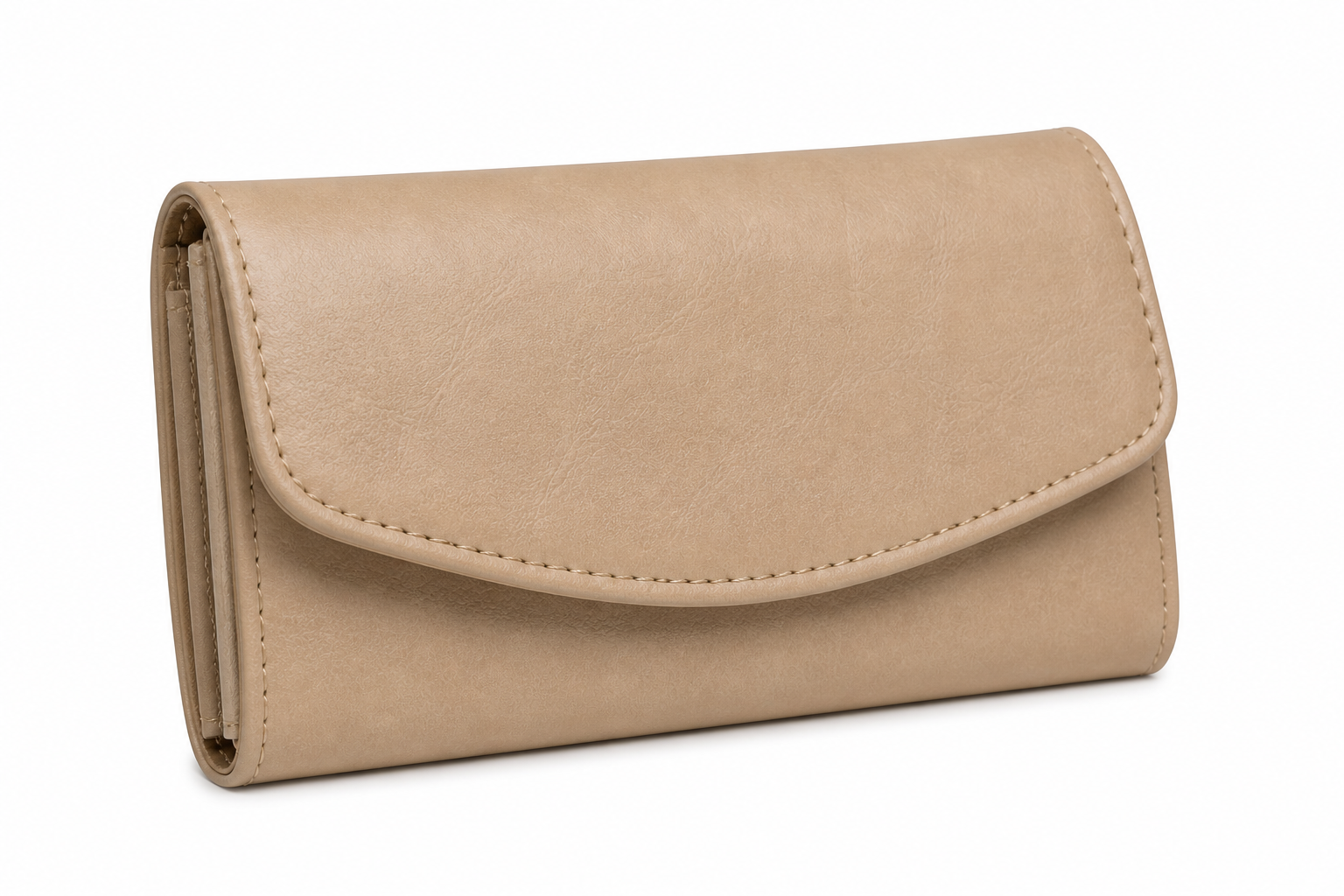 Angled front view of a neutral beige clutch wallet with structured faux leather construction.