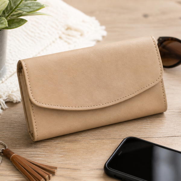 Neutral beige Necessary Clutch Wallet styled on a wooden tabletop with sunglasses, keys, and everyday accessories.