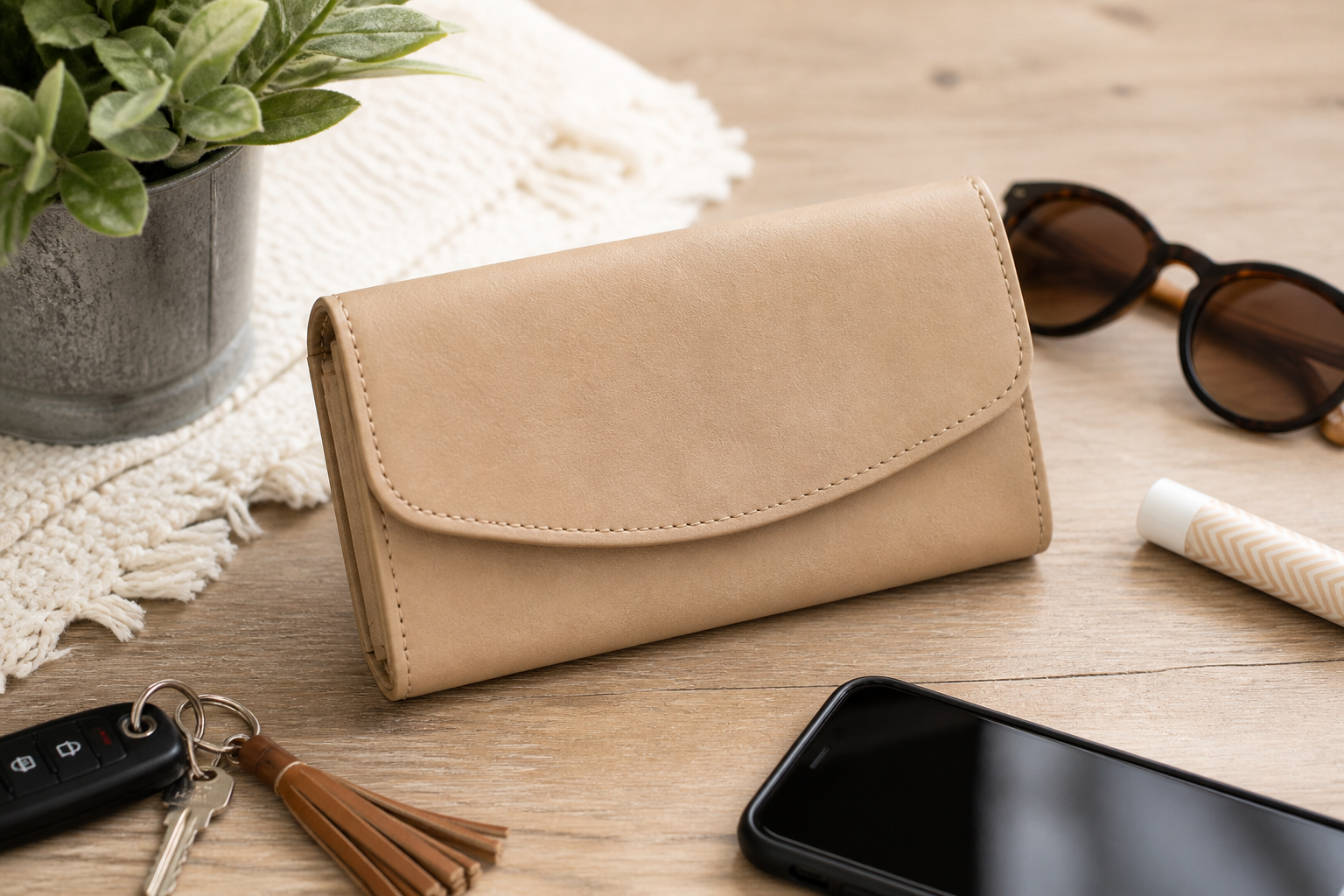 Neutral beige Necessary Clutch Wallet styled on a wooden tabletop with sunglasses, keys, and everyday accessories.
