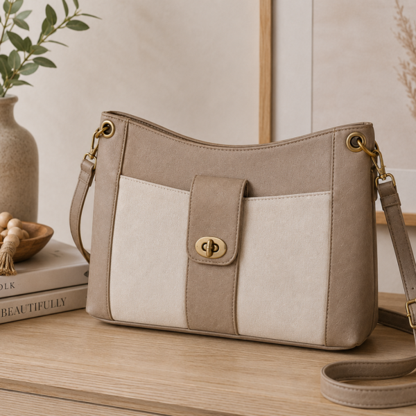 Handmade custom crossbody handbag in neutral cream and taupe faux leather displayed in a warm modern home setting.