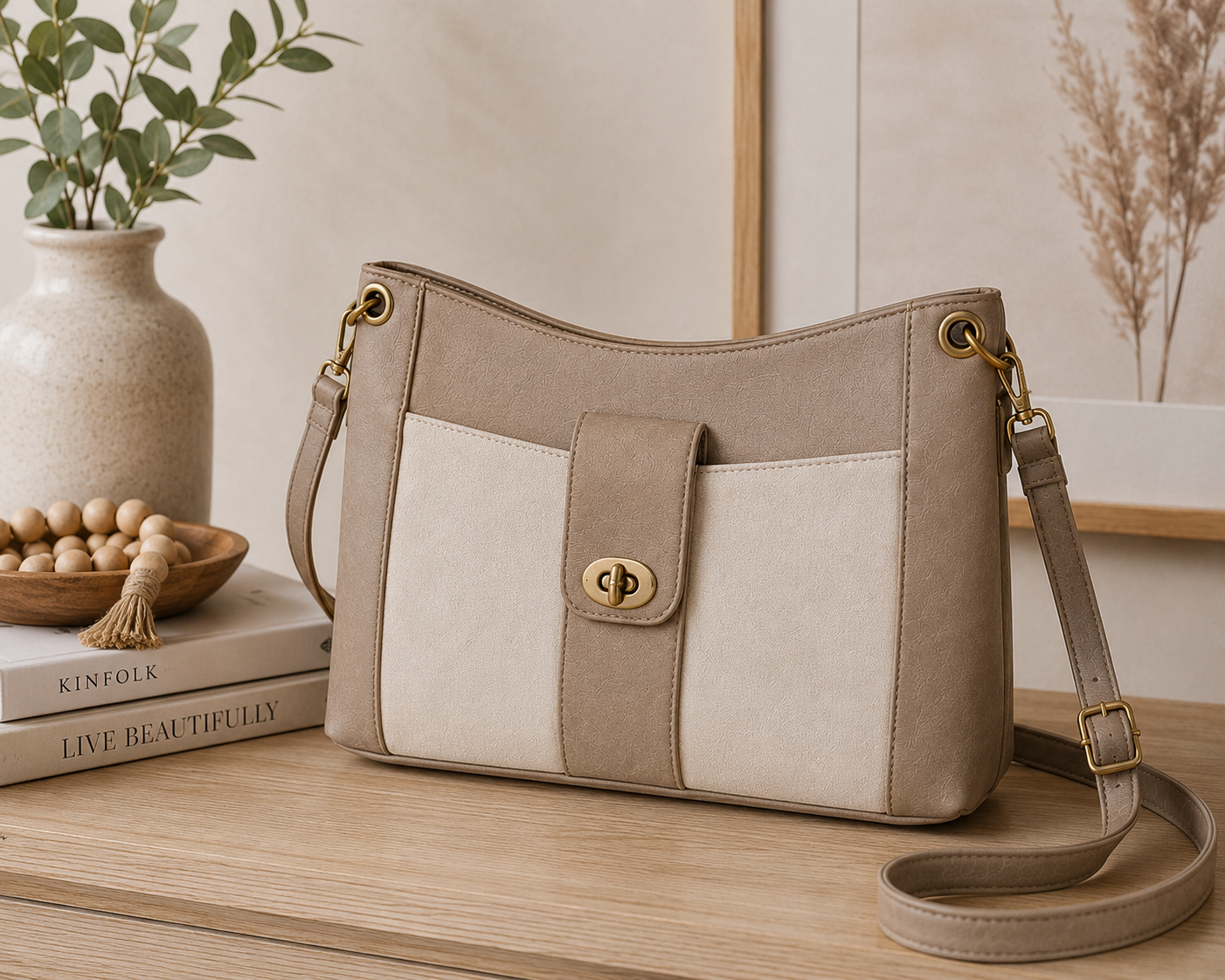 Handmade custom crossbody handbag in neutral cream and taupe faux leather displayed in a warm modern home setting.