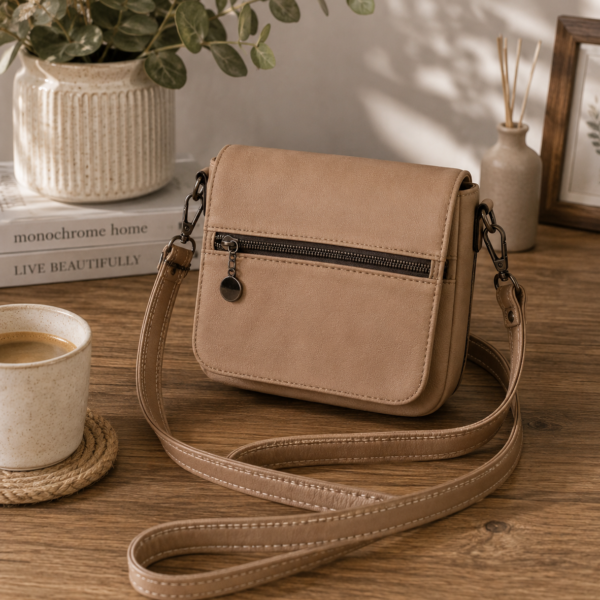 Custom handmade neutral tan crossbody wallet purse displayed on a wooden table. Features a front zipper pocket, hidden slip pocket beneath the flap, organized card slots, and adjustable crossbody strap.