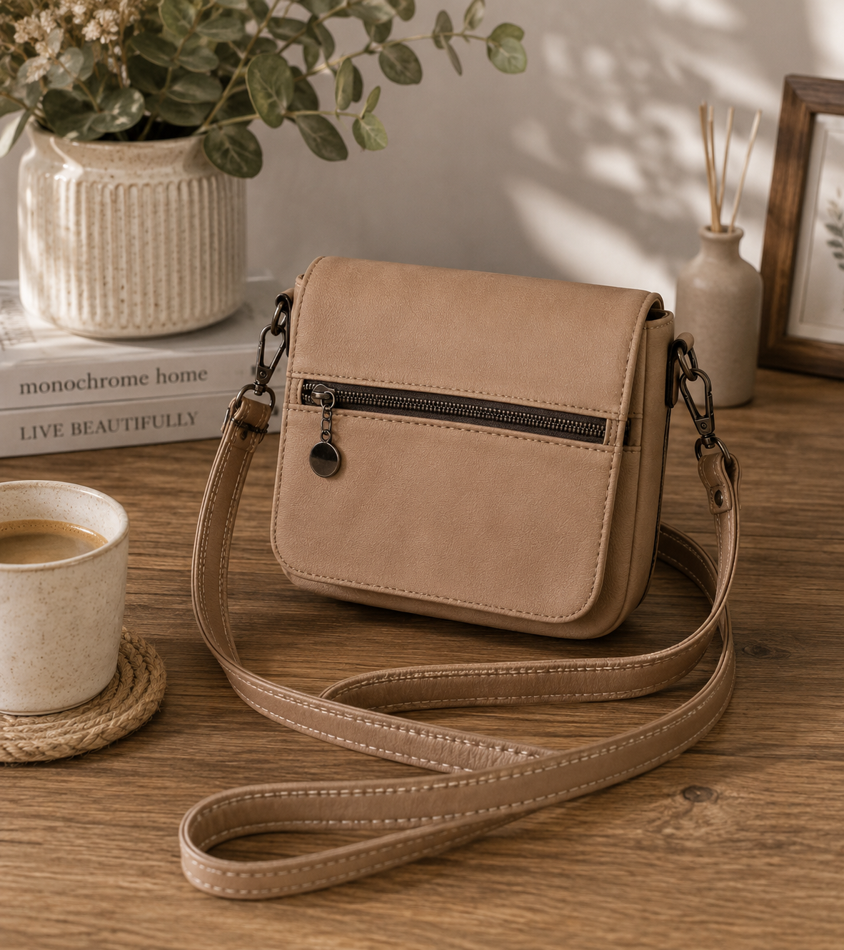 Custom handmade neutral tan crossbody wallet purse displayed on a wooden table. Features a front zipper pocket, hidden slip pocket beneath the flap, organized card slots, and adjustable crossbody strap.