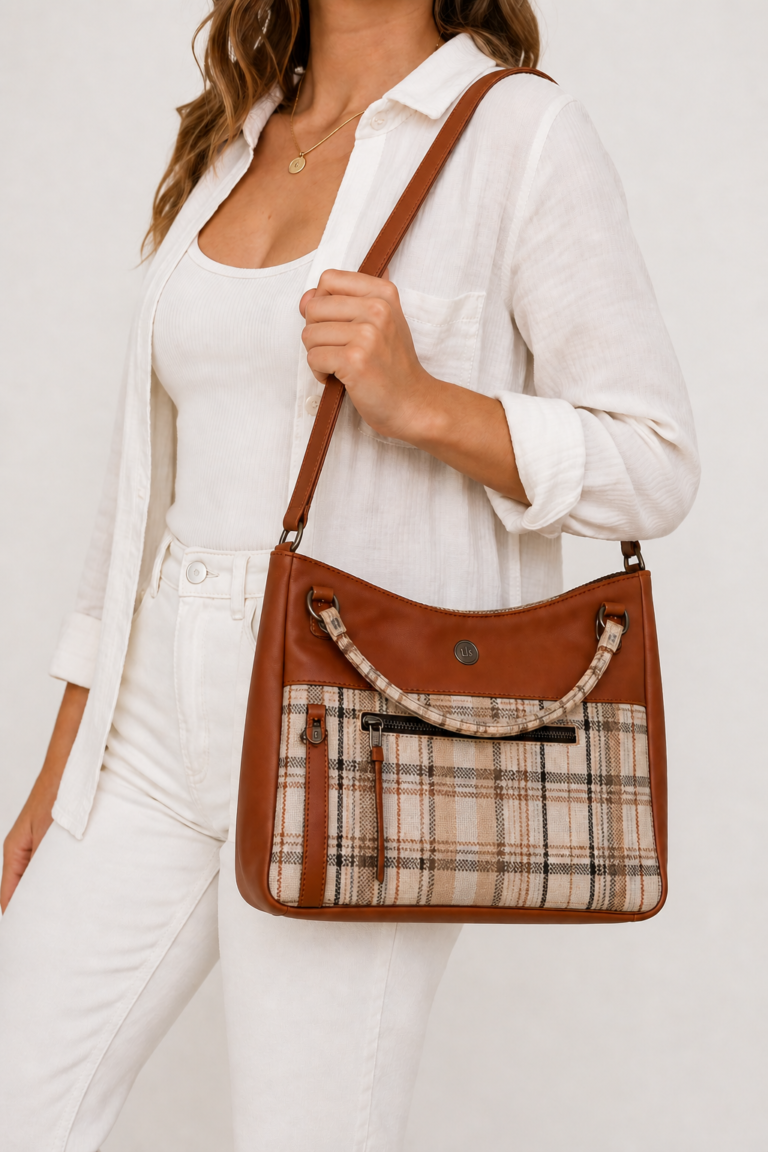 Woman wearing a handmade Molly tote bag in warm brown faux leather and neutral plaid fabric with a shoulder strap and exterior zipper pocket.