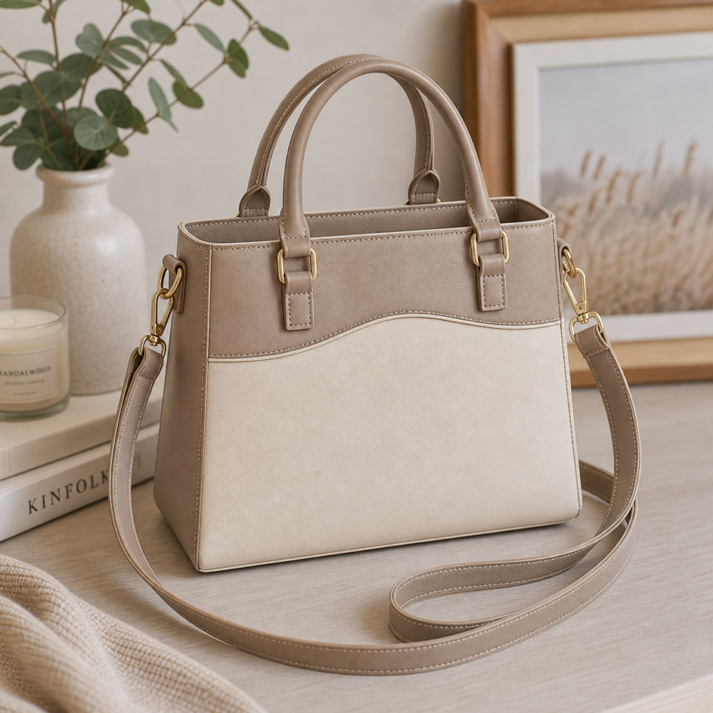 Neutral faux leather handbag styled in a warm modern lifestyle setting with gold hardware and structured silhouette.