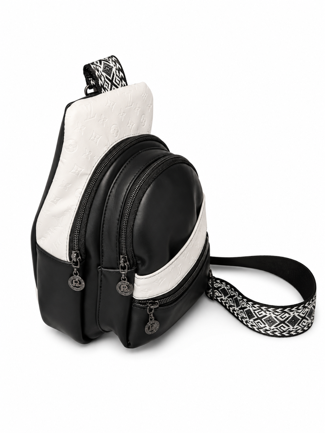 Front view of a custom handmade mini sling bag with four pockets and premium faux leather.