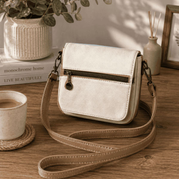 Custom handmade neutral ivory crossbody wallet purse displayed on a wooden table. Features a front zipper pocket, hidden slip pocket beneath the flap, organized card slots, and adjustable crossbody strap.