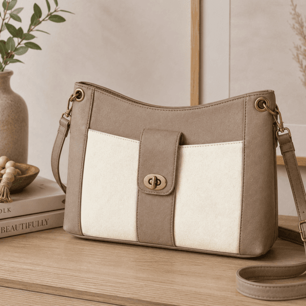 Handmade custom crossbody handbag in neutral cream and taupe faux leather displayed in a warm modern home setting.