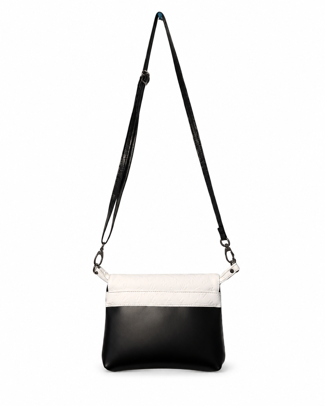 Back view of a handmade custom crossbody wallet purse with rear slip pocket and adjustable strap.