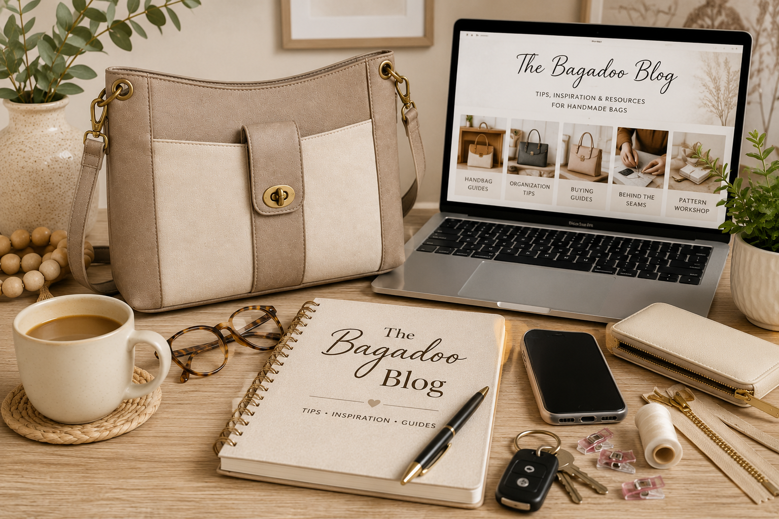 The Bagadoo Blog workspace featuring a handmade handbag, notebook, coffee, and sewing supplies with tips, inspiration, and guides for handmade bags.