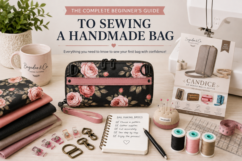 Beginner bag making workspace with Candice wallet clutch, sewing machine, fabric, hardware and sewing supplies