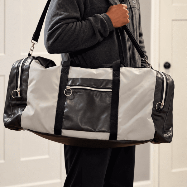 Large gray duffel bag carried with adjustable shoulder strap